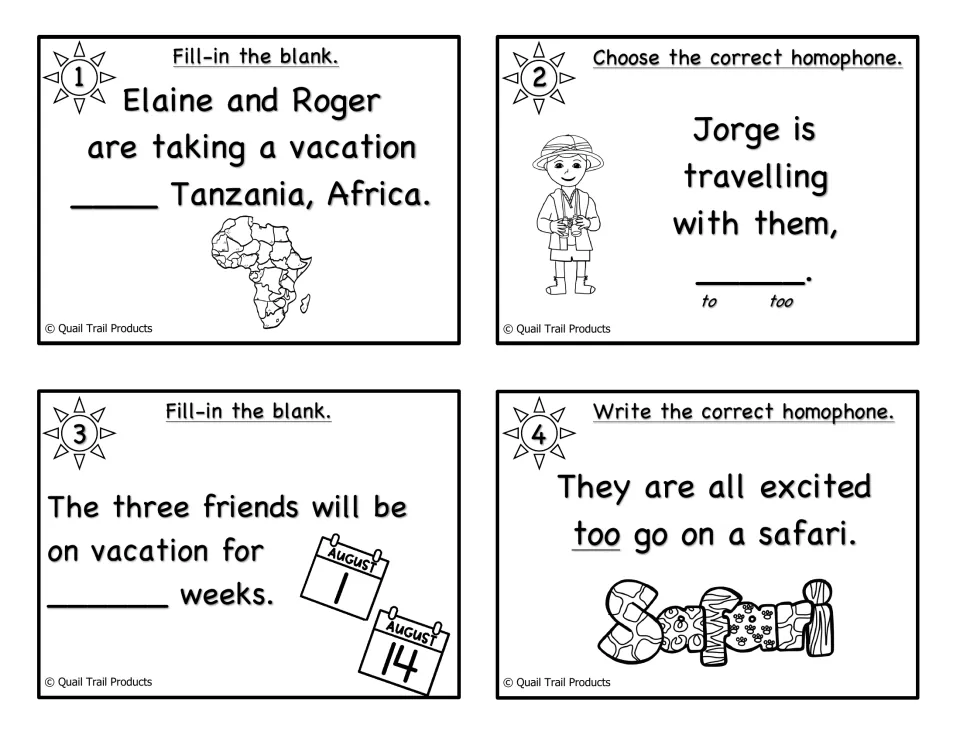 Black-and-white task cards 1-4: students complete or correct to, too and two in sentences about friends visiting Tanzania