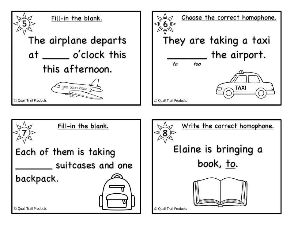 Black-and-white task cards 5-8: students use to, too or two in sentences on the airplane, taxi, suitcases and a book