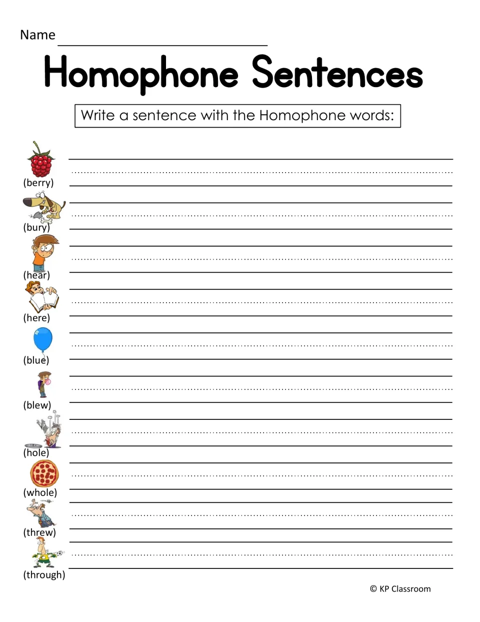 Homophone sentences: students write a sentence for each pictured word, berry/bury, hear/here, blue/blew, hole/whole