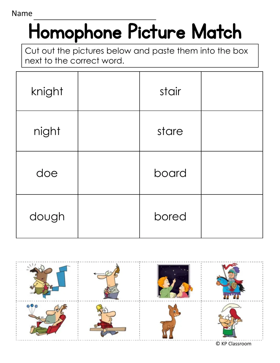 Homophone picture match: students cut out 8 pictures and paste by knight, night, doe, dough, stair, stare, board, bored