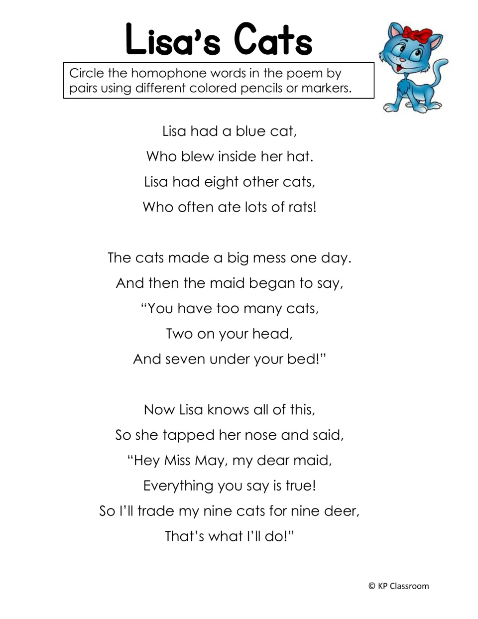 Lisa's Cats poem: students find homophone pairs like blue/blew and eight/ate, circling each pair in a different color