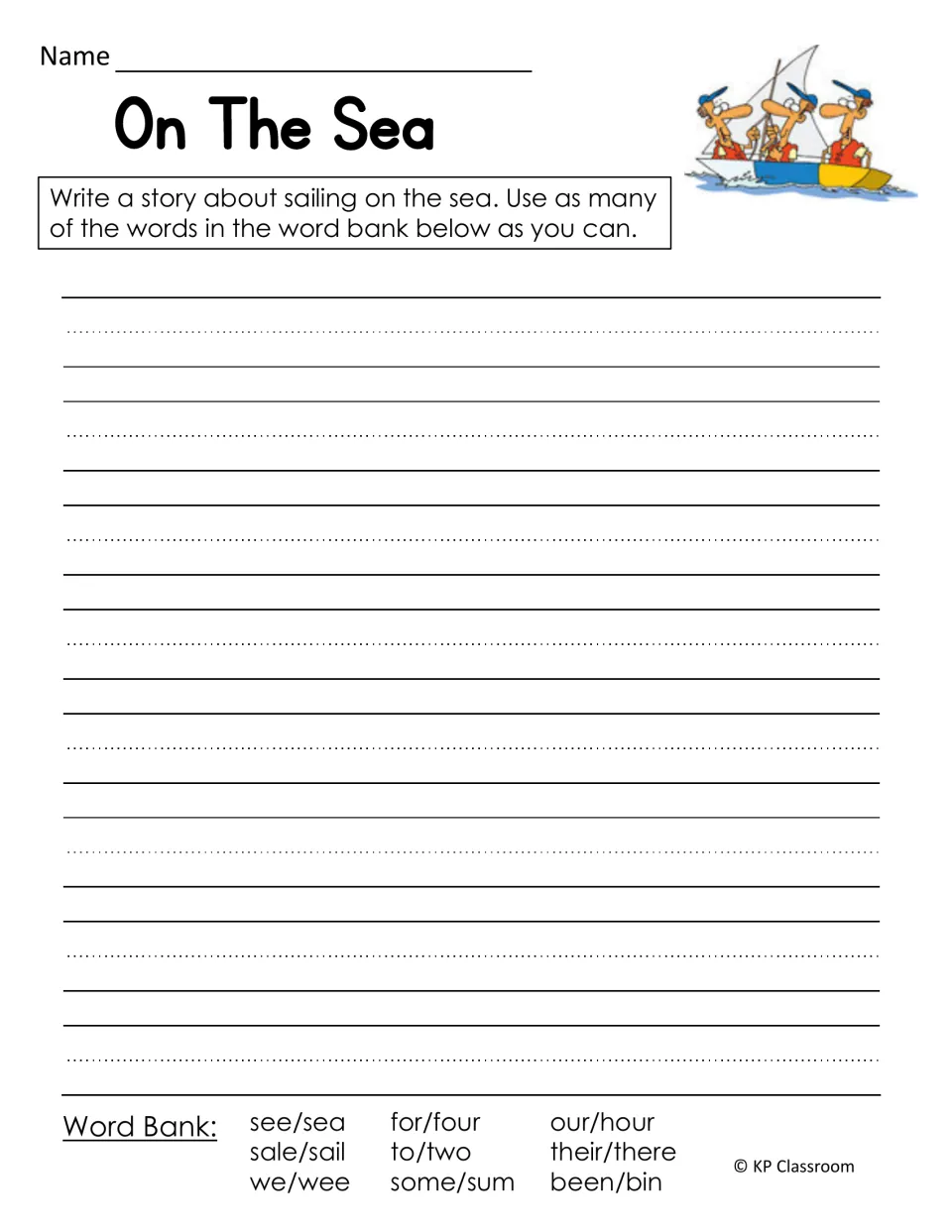 On The Sea writing prompt: students write a sailing story using word bank homophones like see/sea, sale/sail, our/hour