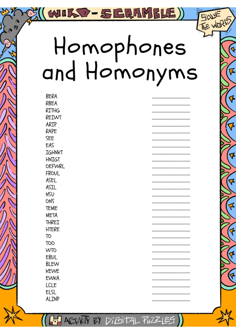 Homophone word scramble: students unscramble 30 jumbled words such as BERA, RITHG and NSU and write each on its line
