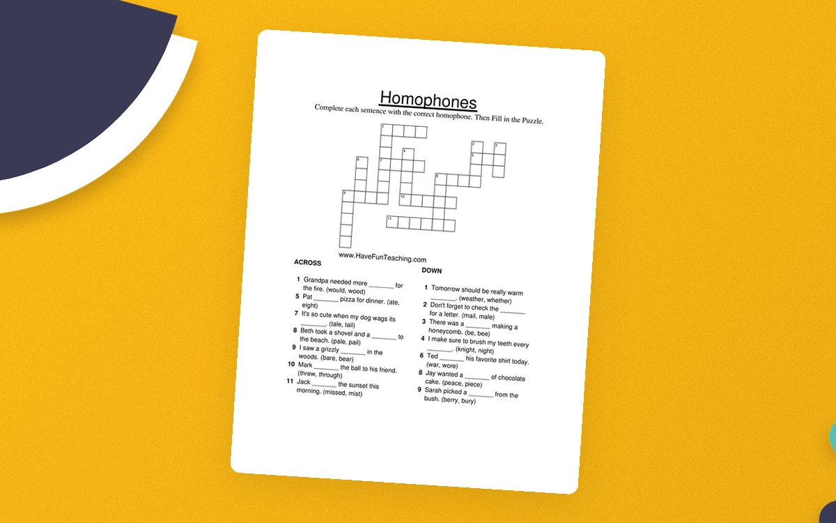 Homophones Crossword Puzzle preview: Context sentences with paired homophone choices