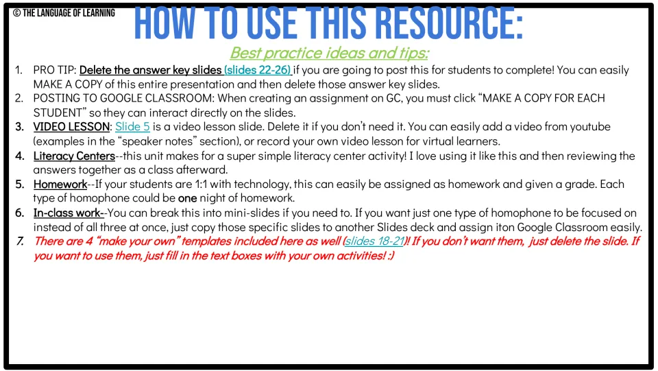 Teacher directions explain copying slides, removing answer keys, Google Classroom use, and custom activities