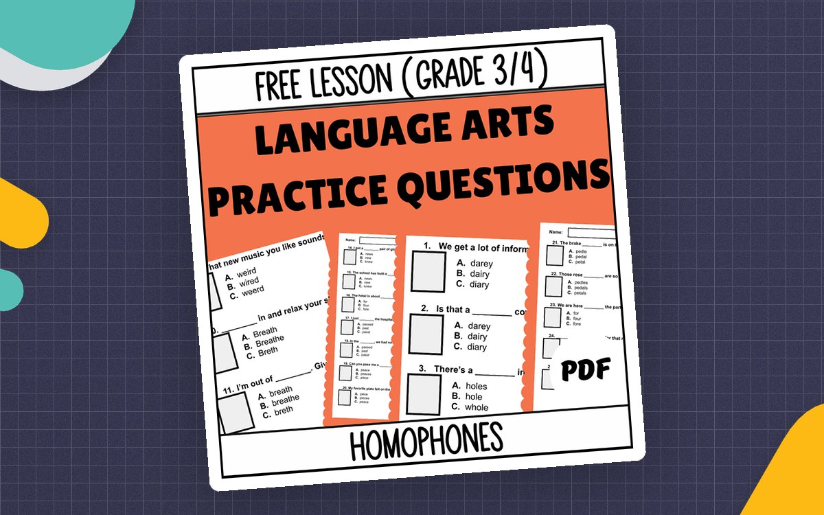 Homophones Sample - Vocabulary Grade 3-4 (PDF) preview: Twenty-six context-based homophone questions