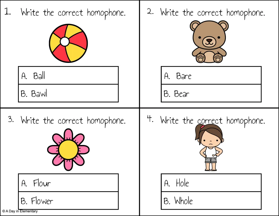 Homophone task cards 1-4: students write the word that fits each picture: Ball/Bawl, Bare/Bear, Flour/Flower, Hole/Whole