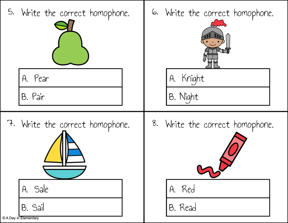 Homophone task cards 5-8: pear, knight, sailboat and crayon clues for Pear/Pair, Knight/Night, Sale/Sail, Red/Read