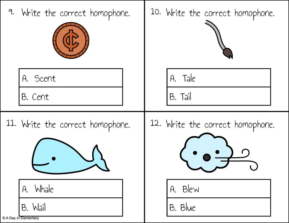 Homophone task cards 9-12: coin, tail, whale and cloud clues for Scent/Cent, Tale/Tail, Whale/Wail, Blew/Blue