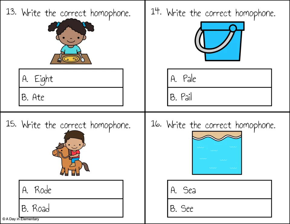 Homophone task cards 13-16: girl eating, pail, horse rider and sea clues for Eight/Ate, Pale/Pail, Rode/Road, Sea/See
