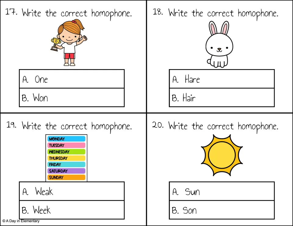 Homophone task cards 17-20: trophy winner, bunny, weekdays and sun clues for One/Won, Hare/Hair, Weak/Week, Sun/Son