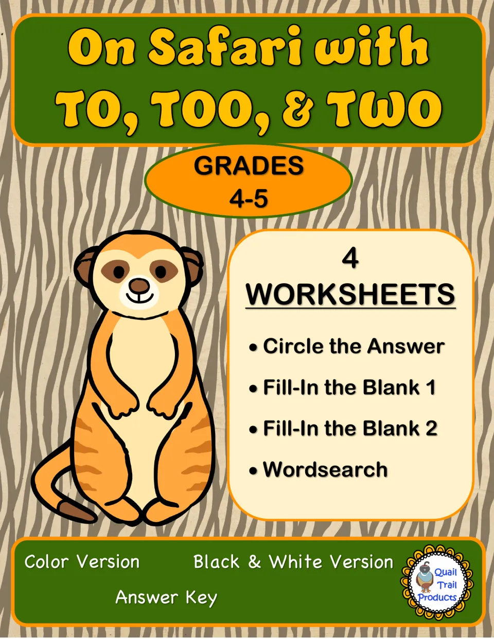 On Safari with To, Too, & Two cover, Grades 4-5: lists 4 worksheets, color and black & white versions, and an answer key