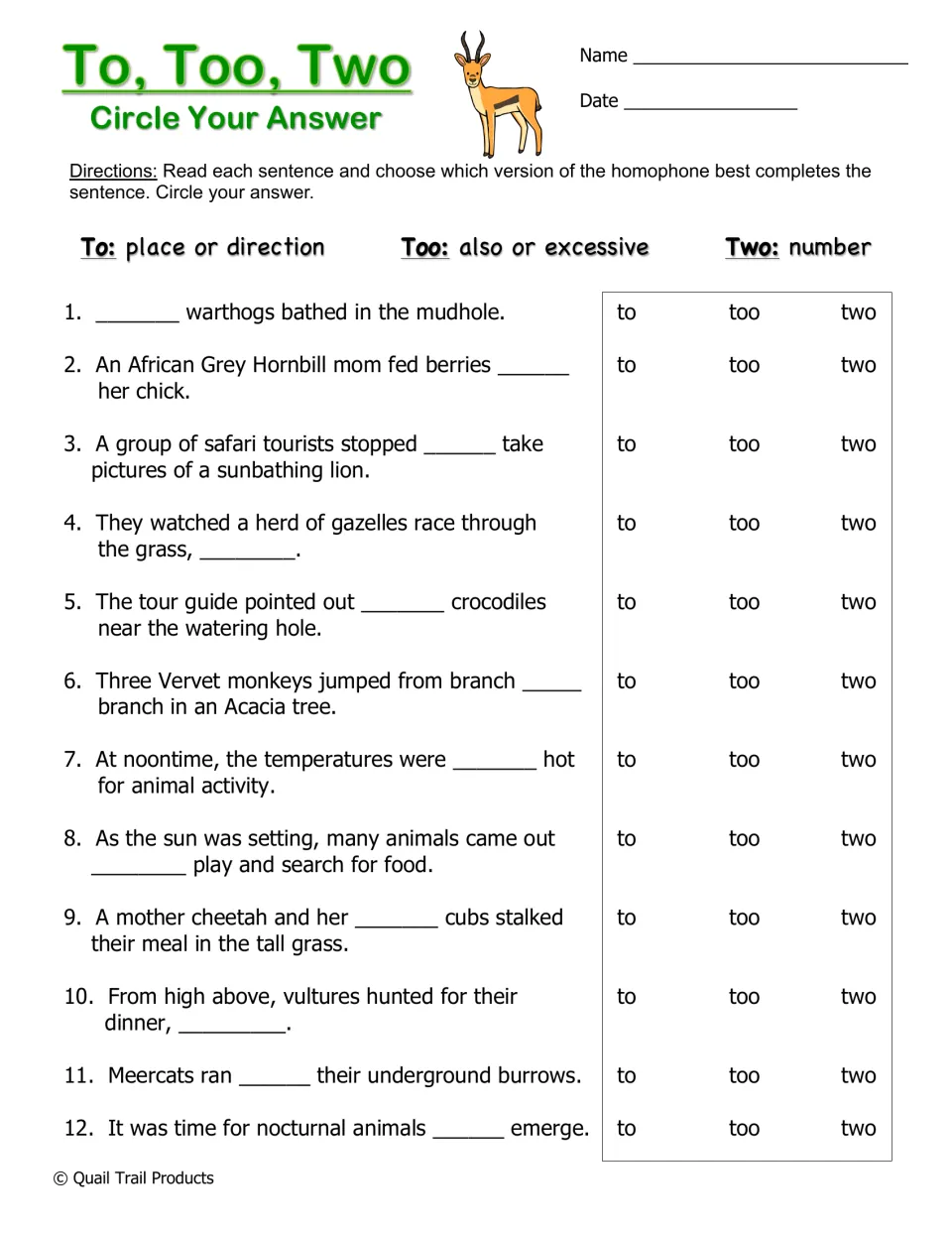 Homophones to, too, two: students circle the correct word to finish 12 safari sentences about warthogs, lions and cheetahs