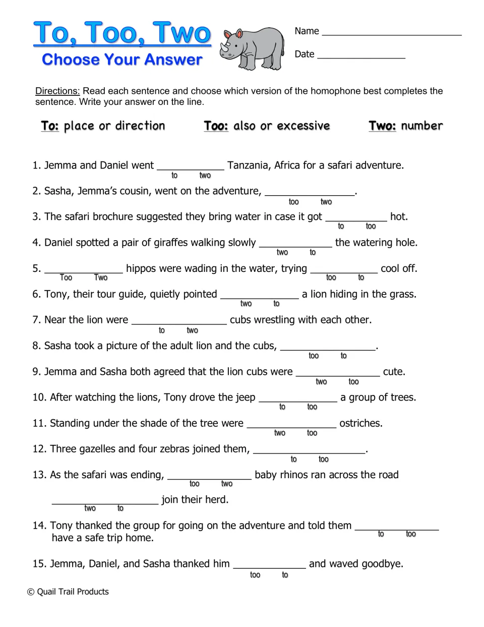 Choosing to, too or two: students write one of two given word options in 15 sentences about Jemma and Daniel's safari