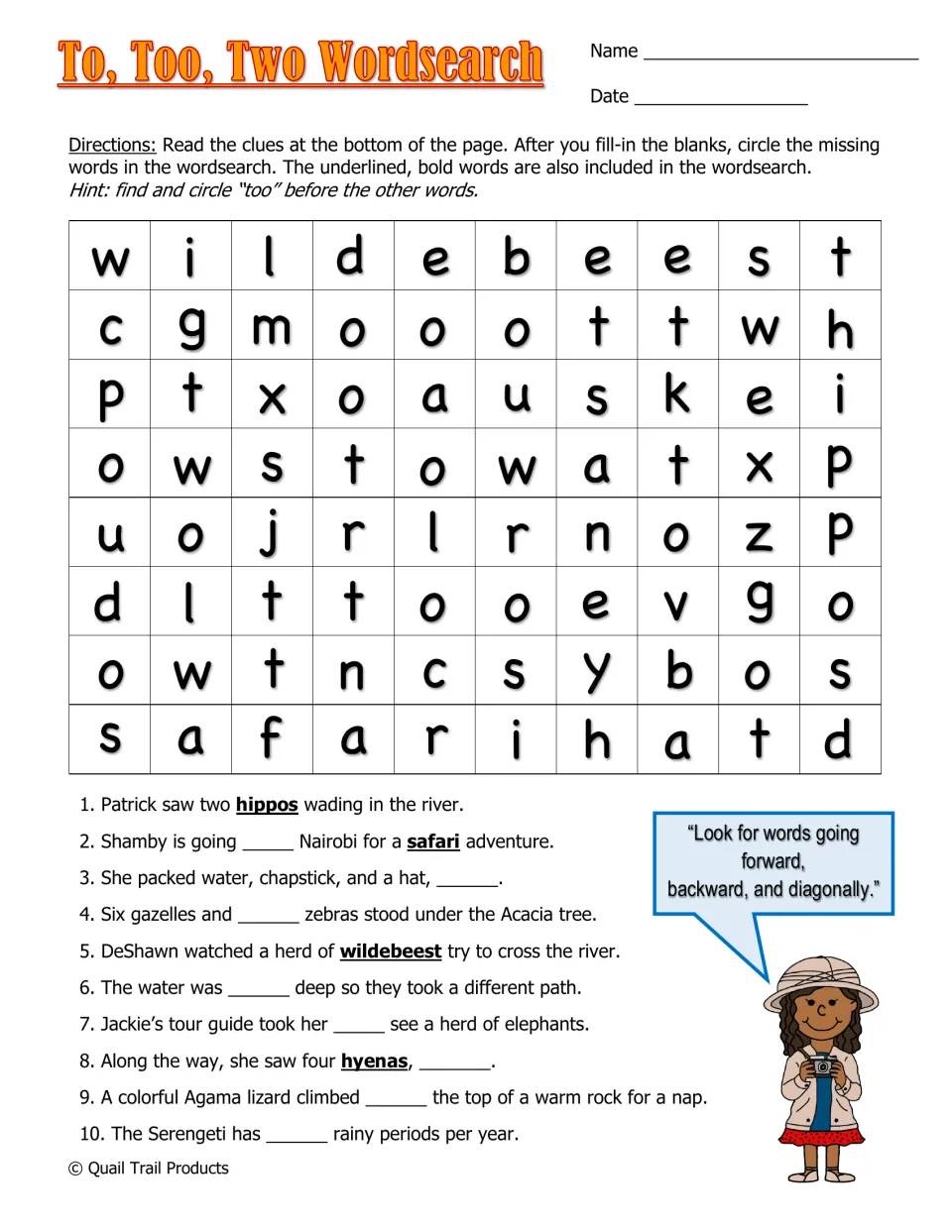 To, too, two wordsearch: students fill in 10 safari clue sentences, then find the missing words plus hippos and wildebeest