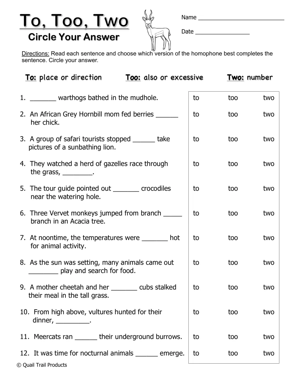 Black and white Circle Your Answer: students pick to, too or two for 12 safari sentences on warthogs, hornbills and meerkats