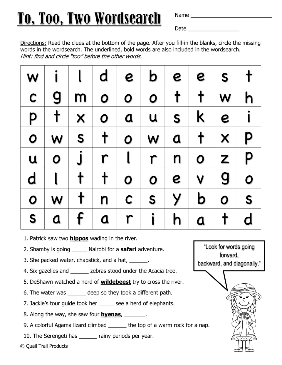 Black and white wordsearch: students complete 10 safari clues with to, too or two, then circle those words in the puzzle