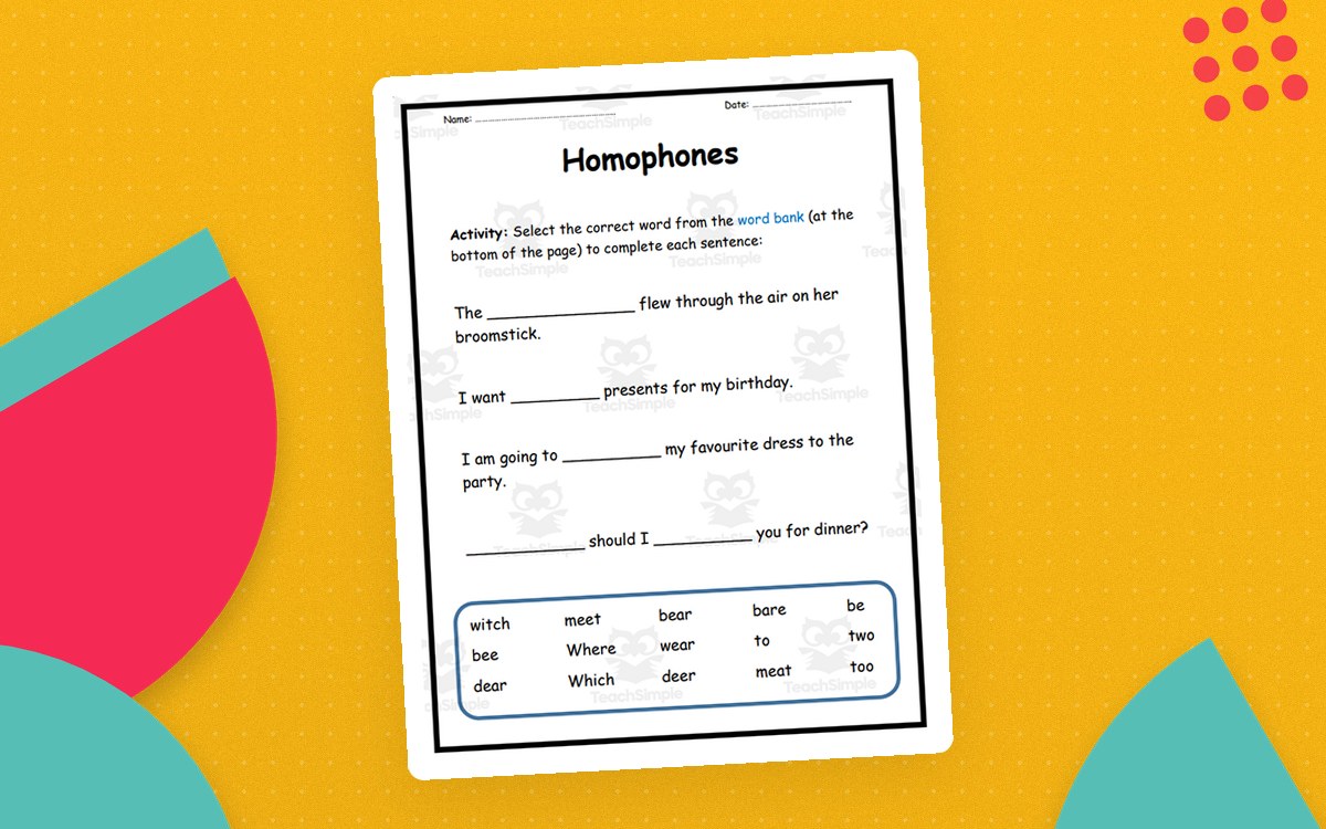 Homophones worksheet with sentence blanks and a choose-your-own word-pair writing box.