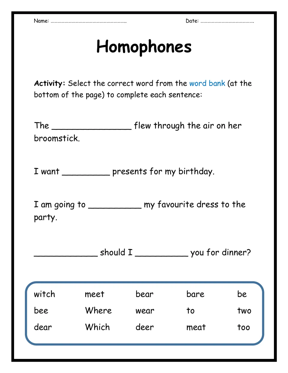 Homophones sentence fill-in: students pick words like witch, wear, two and meat from a word bank to complete 4 sentences