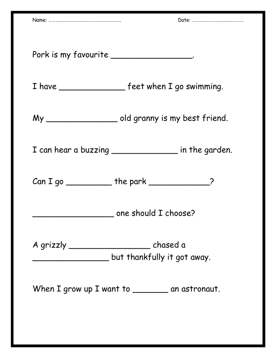 More homophone sentences: students fill the blanks in 8 sentences about food, swimming, a garden and a grizzly chase