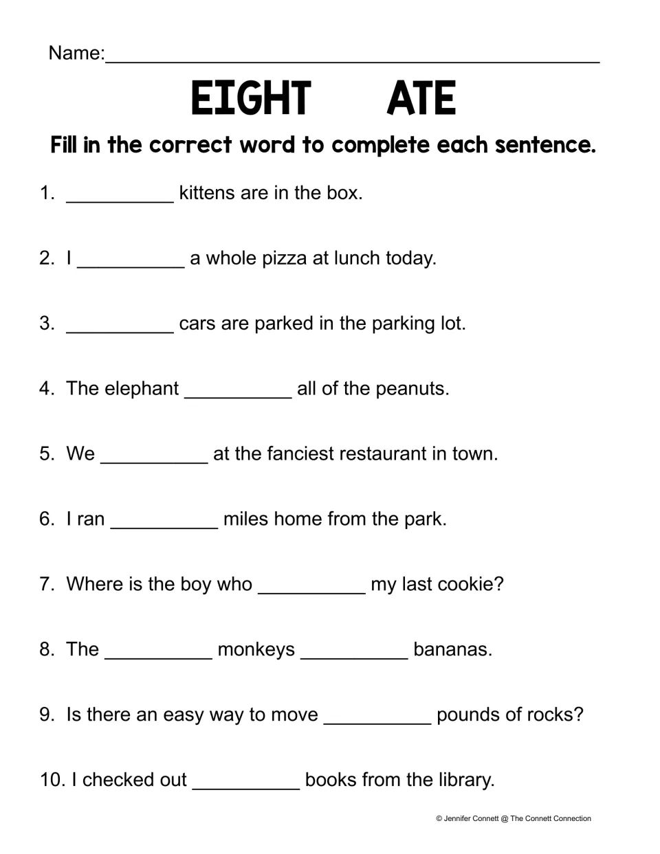 Ate/eight sentence practice: 10 numbered sentences about kittens, pizza, cars, peanuts, monkeys, and more.