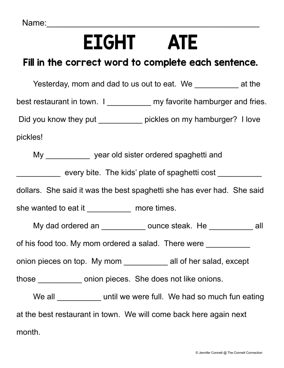 Ate/eight story worksheet: fill in missing homophones in a family's account of dinner at a restaurant.