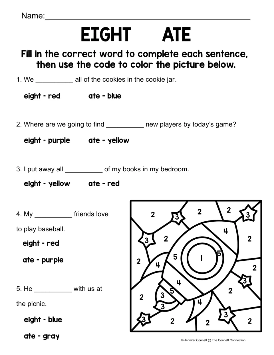 Ate/eight color-by-code worksheet: complete five sentences, then use the answer colors to color a rocket.