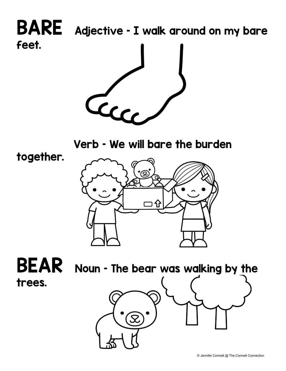 Black-and-white bare/bear reference poster with example sentences about bare feet, a burden, and a bear