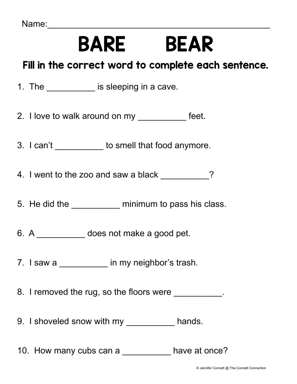 Bare/bear sentence practice with 10 blanks about a cave, bare feet, tolerating a smell, cubs, and more