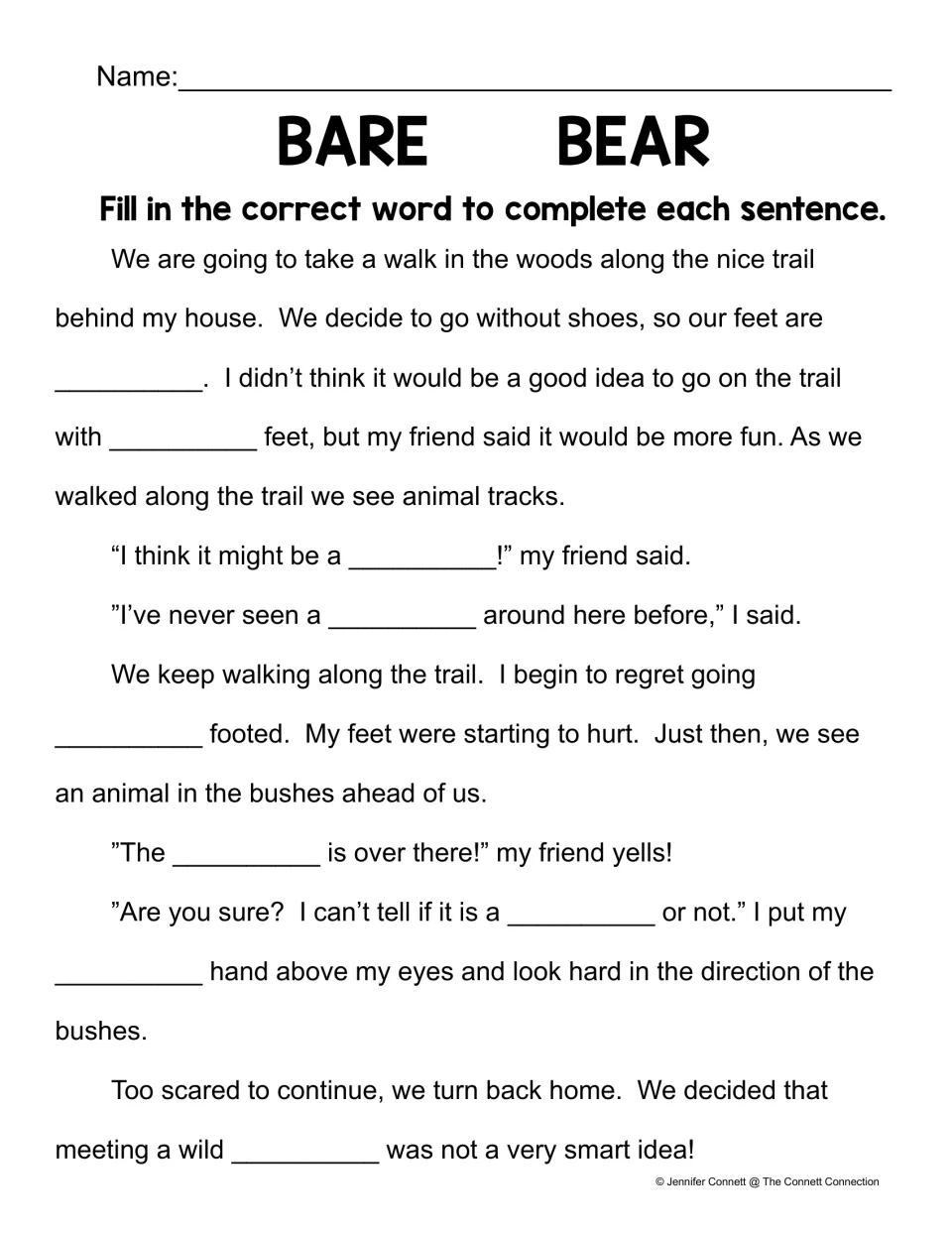 Bare/bear story worksheet with nine blanks about walking barefoot on a wooded trail and spotting a bear