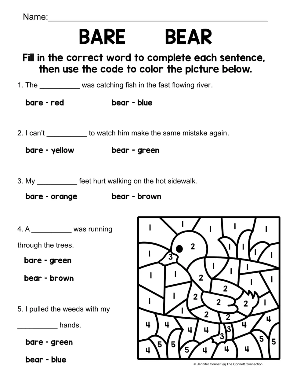 Bare/bear color-by-code worksheet with five sentence questions and a numbered duck picture to color