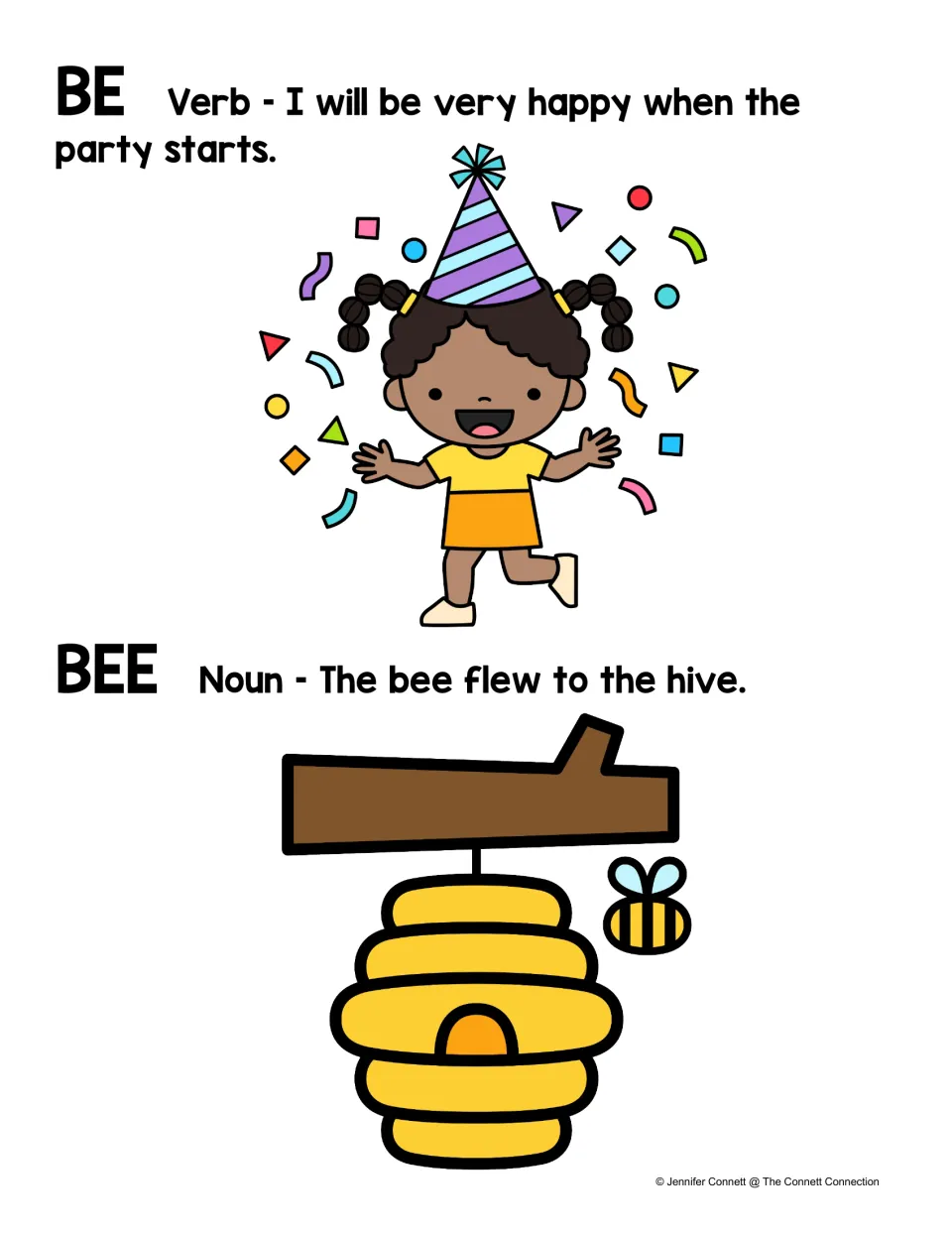 Color homophone reference poster: be is a verb and bee is a noun, each illustrated and used in a sentence.