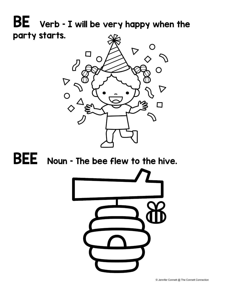 Black-and-white homophone poster: be names a verb in a party sentence; bee names a noun in a hive sentence.