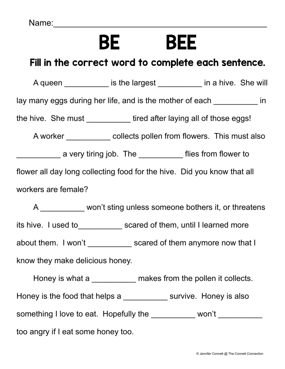 Be/bee story completion worksheet: fill 14 blanks in paragraphs about queen bees, worker bees, and honey.