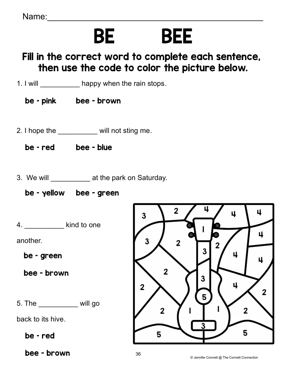 Be/bee color-by-code worksheet: complete five sentences, then use the answer colors to color a guitar picture.