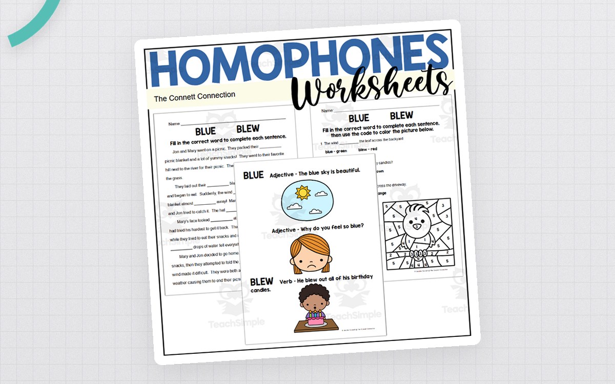 Homophones Worksheets: Blew blue teaching resource preview