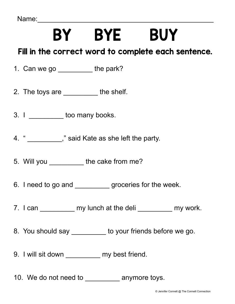 Homophone sentence practice: 10 items using by, bye, or buy, including buying lunch at the deli by work