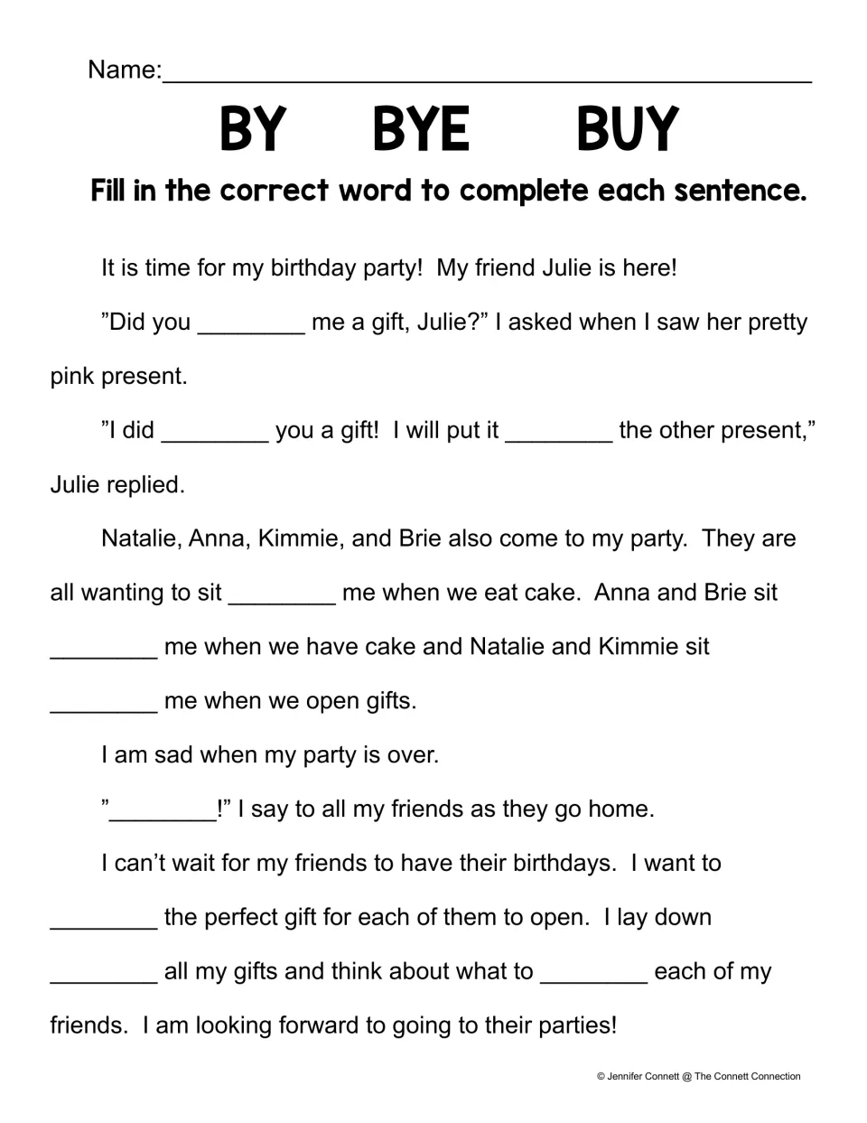Homophone story practice: fill 10 blanks with by, bye, or buy in a birthday story about gifts and friends
