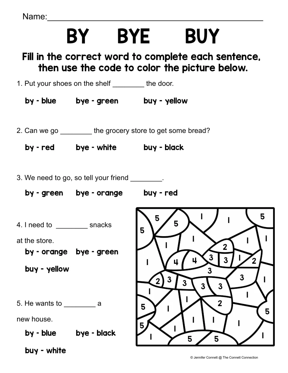 Homophone color-by-code practice: complete five sentences with by, bye, or buy to color an airplane