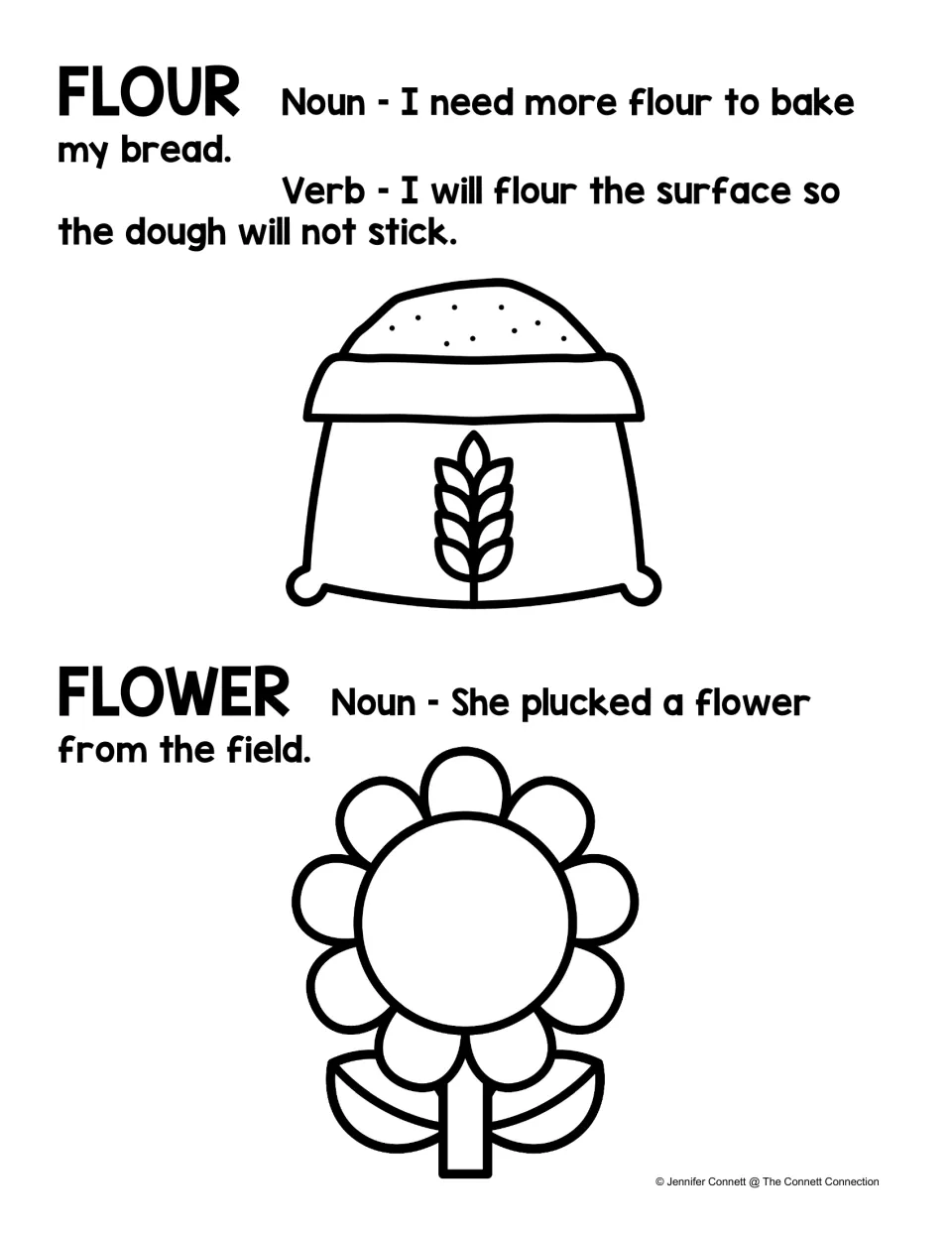 Black-and-white homophone poster showing flour as a noun and verb and flower as a noun, with examples