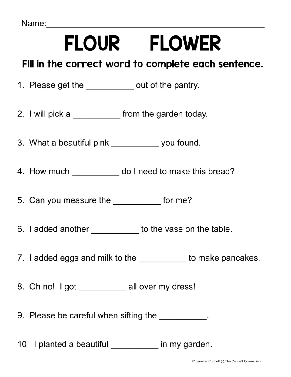 Homophone sentence practice: choose flour or flower to complete 10 sentences about baking and flowers