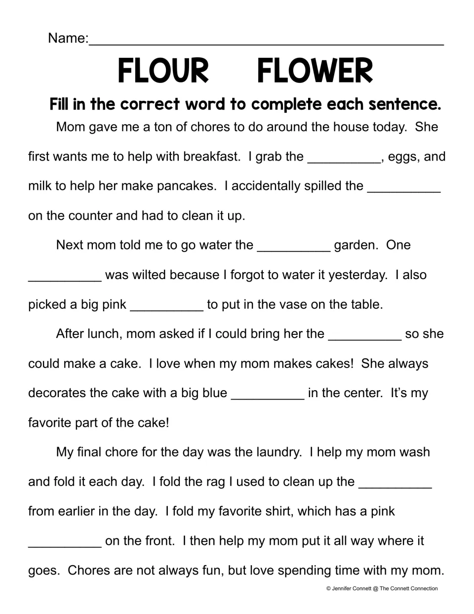Homophone story practice: fill nine blanks with flour or flower in a story about helping Mom with chores