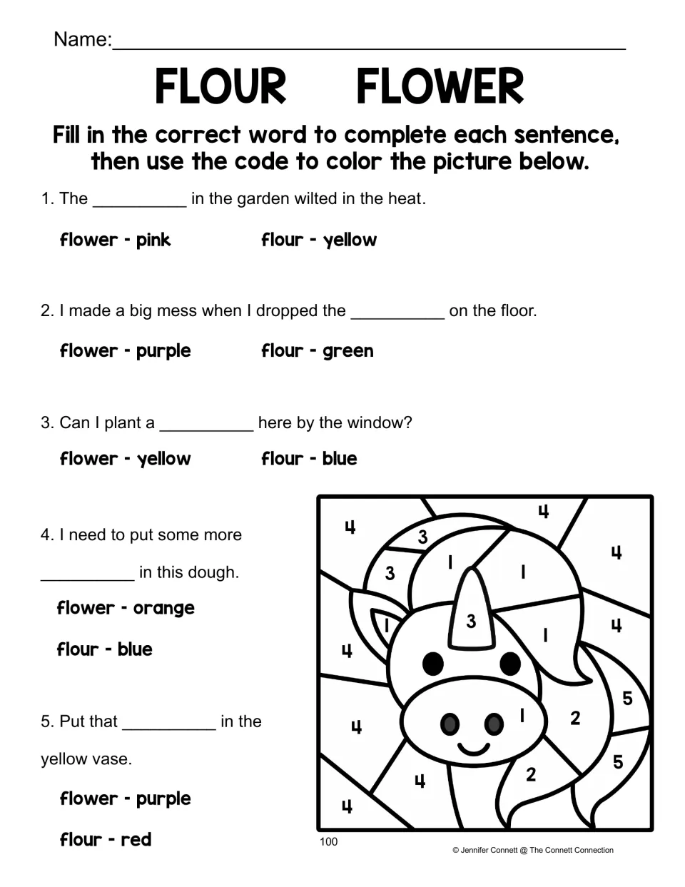 Homophone color-by-code activity: complete five sentences with flour or flower, then color a unicorn
