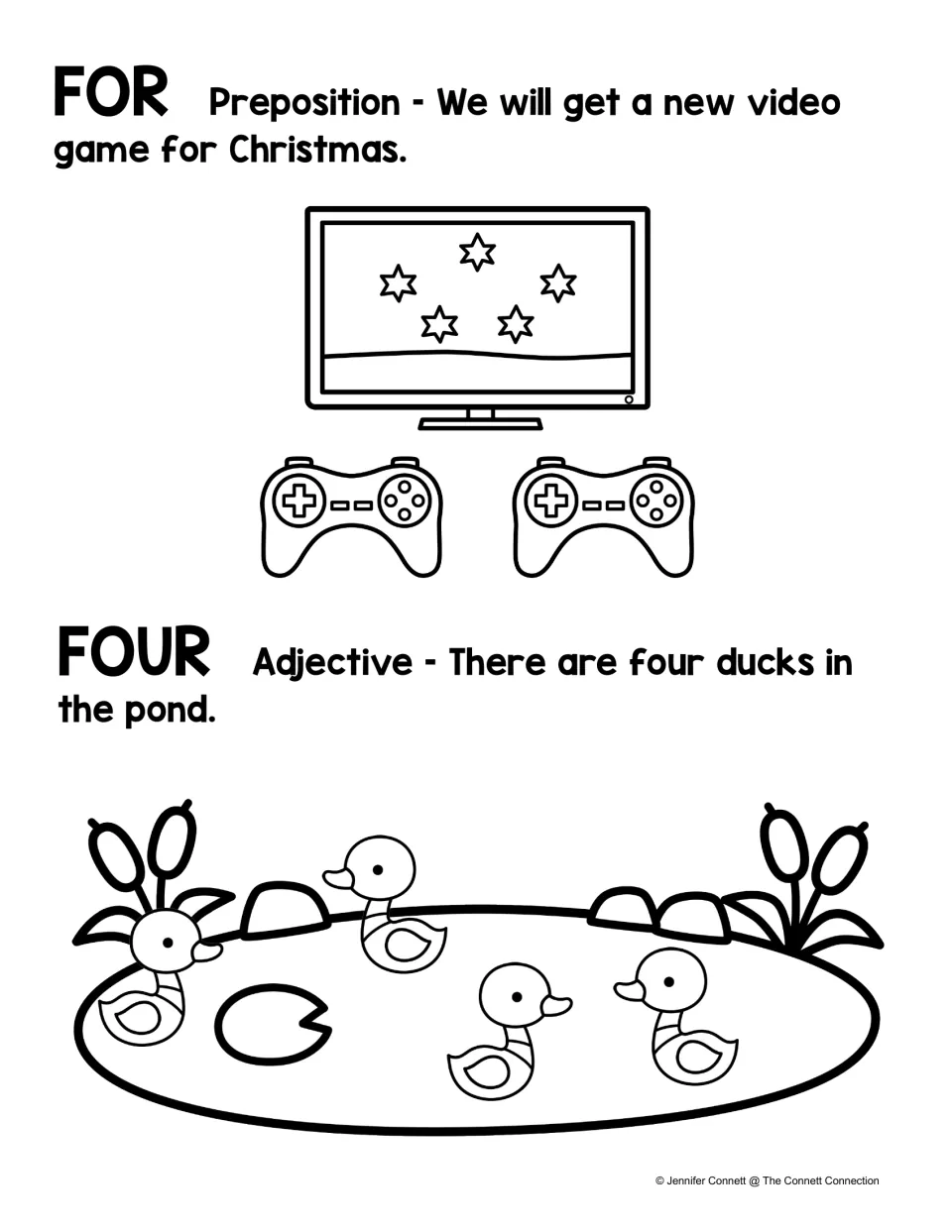 Black-and-white homophone poster: for describes getting a video game for Christmas; four counts pond ducks.