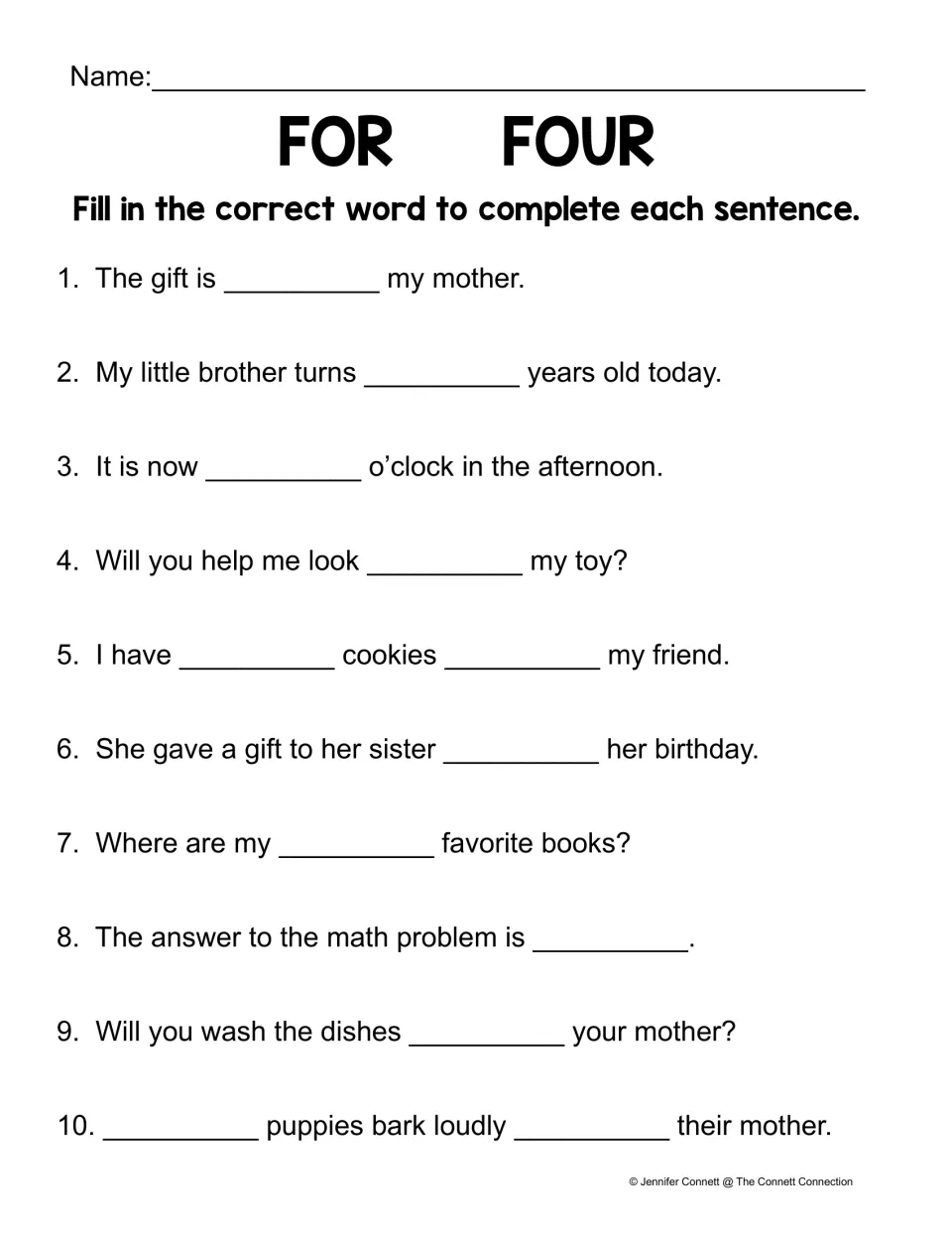 For/four sentence practice: 10 numbered sentences about gifts, age, time, cookies, books, puppies, and chores.