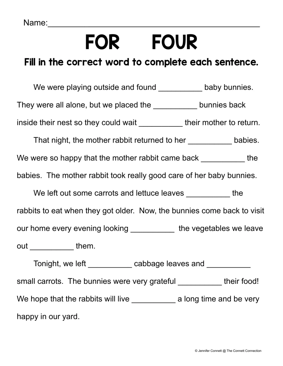 For/four story worksheet: fill 12 blanks in a passage about four baby bunnies, their mother, and vegetables.