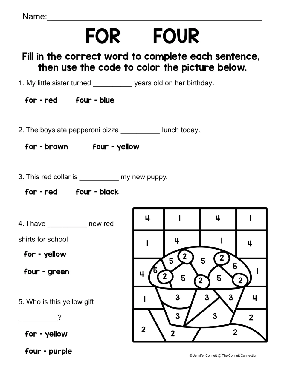 For/four color-by-code worksheet: complete five sentences, then use the answer colors to color a cupcake.