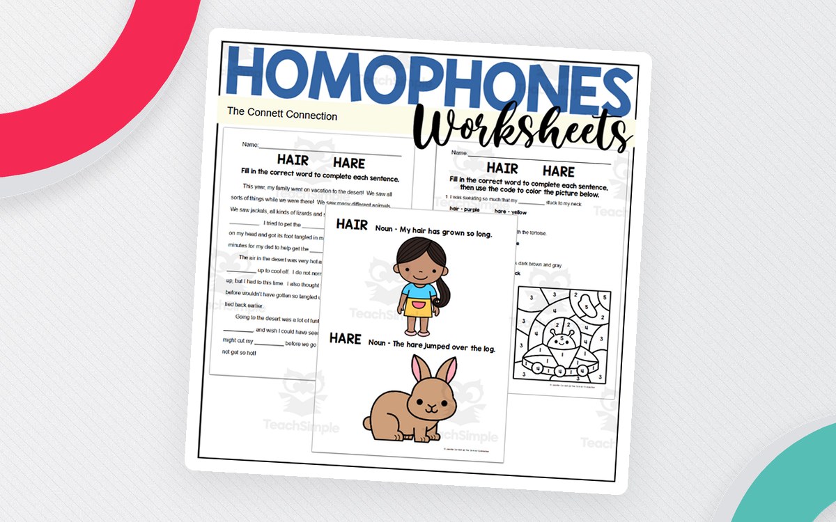 Homophones Worksheets cover showing hair and hare practice pages, a child and rabbit example, and a color-by-code puzzle.