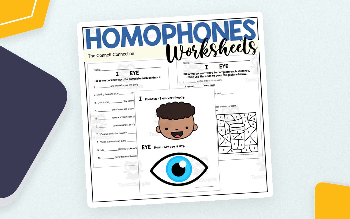 Homophones I/Eye cover with definitions, fill-in sentences, eye picture, and color puzzle.