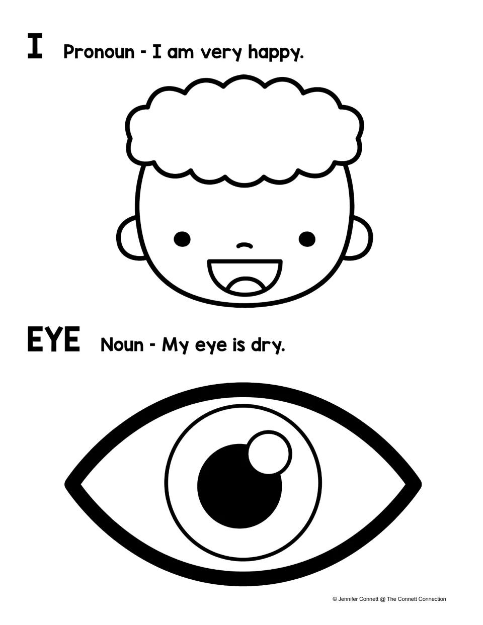 Black-and-white version of the I and eye poster with pronoun and noun sentences plus a face and an eye to color